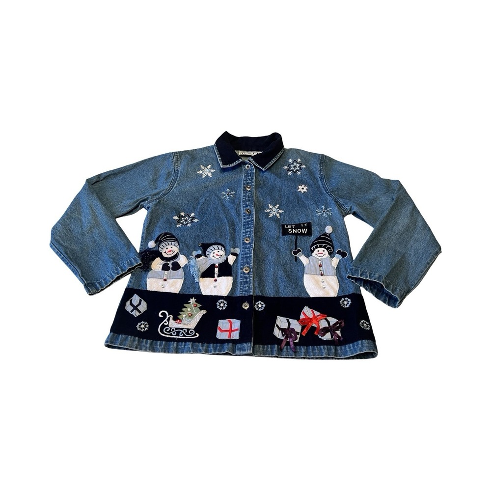 Keren Hart Denim‎ Snowman Christmas Jacket Blue Cotton Corduroy Trim Medium